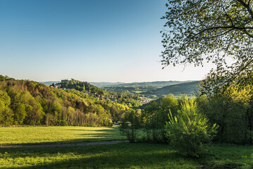 Scenic landscape in the Odenwald, view of the town of Lindenfels, Hesse, Germany