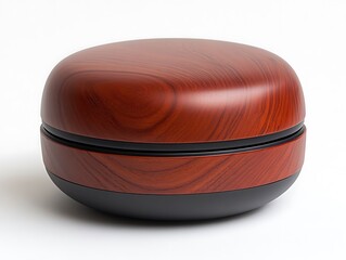 • A round wooden kenpo board, utilized in certain East Asian martial arts demonstrations, rests flat on a pristine white stage. Balanced lighting draws attention to the grain and small nails 