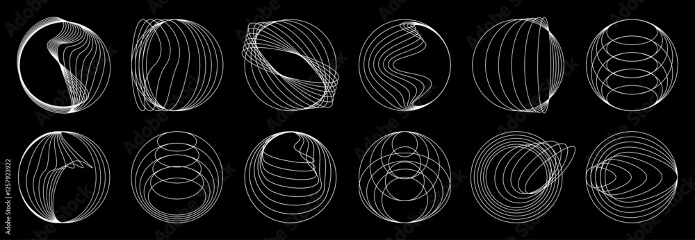 Aufkleber Line round spiral shapes, circle geometric waves and swirls. Vector abstract graphic elements of modern dynamic geometric shapes. White line circles of futuristic circular pattern with twisted stripes