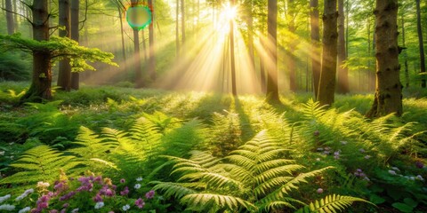Warm sunbeam filtering through lush green leaves, illuminating a forest floor scene with scattered ferns and wildflowers, warm lighting, sunlight filtering