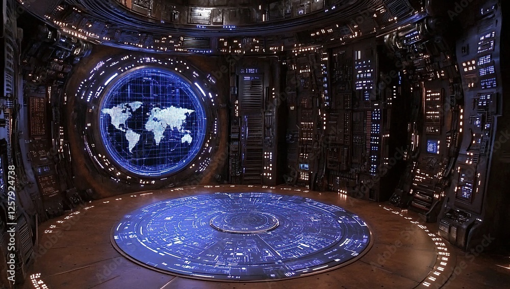 Poster futuristic control room: global network monitoring system displays world map with interactive interf