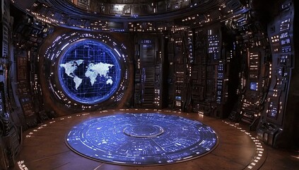 Futuristic Control Room: Global Network Monitoring System Displays World Map with Interactive Interface and Advanced Technology