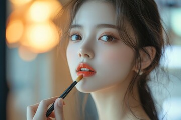 Fototapeta premium Skin care, beauty cosmetics concept, pretty asian young woman, girl make up face by applying brush on, lips balm on her mouth, looking at the mirror at home. Female look with natural fashion