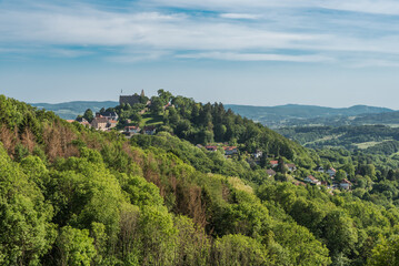 View of the town of Lindenfels in the Odenwald with castle ruin, Hesse, Germany