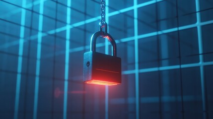 Black security lock suspended in a glowing grid symbolizing encryption data privacy and network security in a high tech digital environment