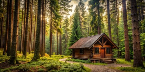 Cabin in the woods, surrounded by tall trees and foliage, woodland, trees,  woodland, trees, nature lover