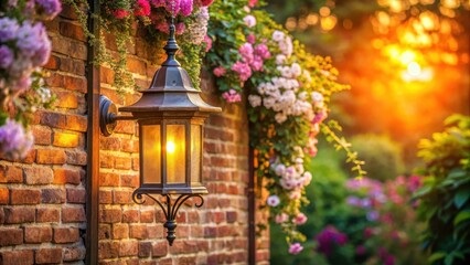 Lantern hanging on a rustic brick wall with blooming flowers in a serene landscape, outdoor lighting, natural beauty