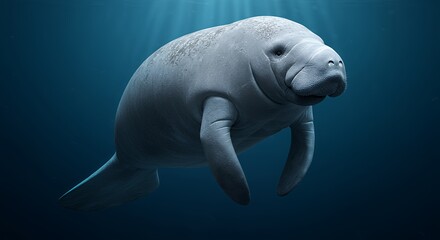 Fototapeta premium Manatee Swimming Gently Underwater with Sun Rays in Ocean