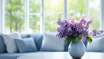 
Beautiful lilac flowers in vase on table against blurred living room with blue sofa and window, copy space for product display
