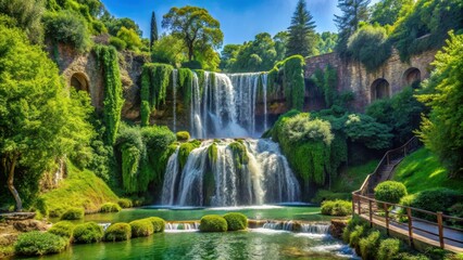 Fototapeta premium Majestic Tivoli waterfall in lush greenery and park surroundings, green, outdoor, green, outdoor, Italy