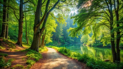 Obraz premium Serene forest pathway surrounded by lush greenery and vibrant foliage, winding through the trees towards a distant lake, forest path, outdoor scenery