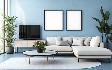 Modern living room interior design, blue walls, white sofa, plants