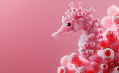 A pink pygmy seahorse camouflaged among coral, its delicate texture blending seamlessly with the underwater environment.