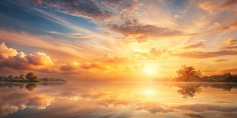 Fototapeta premium Serene landscape with a tranquil sky displaying soft peach and gold tones at sunset, serene, twilight, serene, twilight, sky