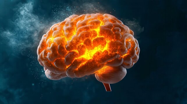 Exploding brain graphic, digital art style, pixelated representation of a brain, orange and yellow hot spots, dark navy background, smoke and sparks
