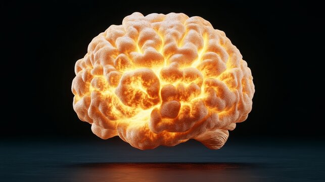 3d model of a brain exploding with bright orange light, against a dark background. The brain is composed of small, glowing, pixelated segments. The