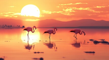 three flamingos at sunset