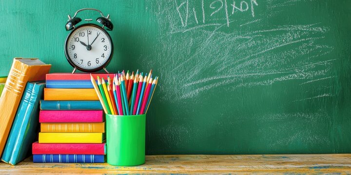 Stack of colorful books with alarm clock and pencils on chalkboard background