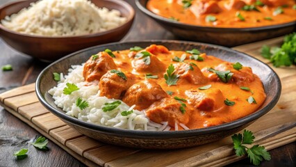 Rich creamy tomato sauce splattered on a plate of tender chicken and basmati rice, butter chicken, indian cuisine