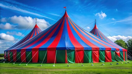 Vibrant red and blue striped canvas fabric stretched over a metal frame, forming the iconic big top festival tent structure with green accents, fabric structure , striped fabric