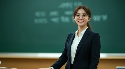 A Young female teacher with glasses stands at the front of the classroom, wearing a suit and white shirt, smiling with her hands on the desk