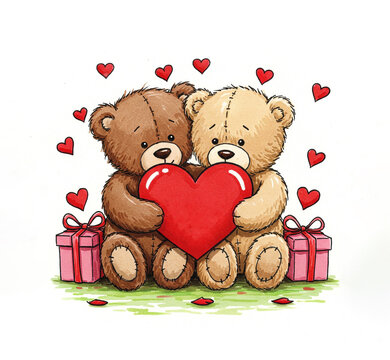 teddy bears holding red heart, valentine's day clip art preview