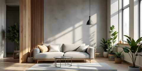 Modern living room, sunlight, plants, minimalist design, interior design
