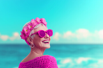 A modern grandmother, dressed in a stylish outfit with flowers in her hair, enjoys a sunny summer day on a beautiful beach. Grandma on vacation