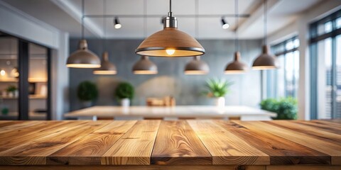 Fototapeta premium Wooden table in center with blurred room background and single pendant light above it