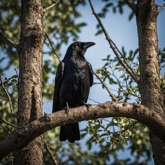 A crow observing the surroundings from a high tree branch.