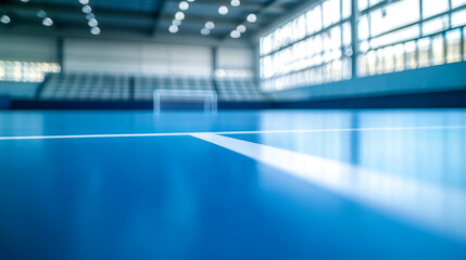 A daytime indoor close-up of a futsal blue floor, with stands and a goalpost clearly visible in the background