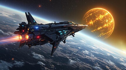 Spaceship Escape: A futuristic spaceship, sleek and powerful, blasts off from a planet's atmosphere, escaping a fiery, volatile star. The image evokes a sense of urgency and adventure. 