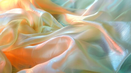 Obraz premium A close-up shot of a soft, flowing, iridescent fabric in light hues of orange and yellow.