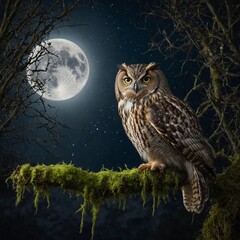 A night owl sitting on a mossy branch under the full moon.