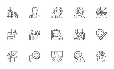 Workshop icons. Internship program, motivation, business event, training, collaboration, teamwork, coaching, meeting. Pixel perfect.