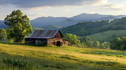 Obraz premium A rustic wooden barn sits on a grassy hillside with a view of rolling hills and trees in the background.