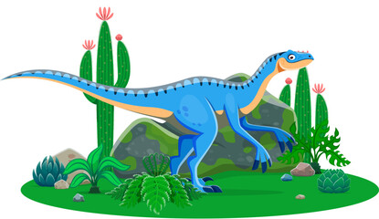 Eoraptor prehistoric dinosaur cartoon character. Isolated vector omnivore ancient reptile dino animal in natural environment with cacti plants and rocks. Late Triassic era lizard, paleontology science