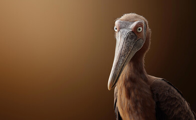 Obraz premium A majestic shoebill stork with piercing eyes and a long, powerful beak standing against a moody brown gradient background. 