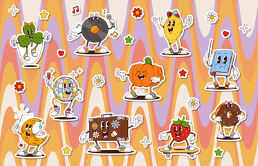 Cartoon groovy characters stickers pack. Retro hippie disco ball, vinyl record and moon vector characters with stars and flowers. Groovy strawberry, Halloween pumpkin and St Patricks clover leaf