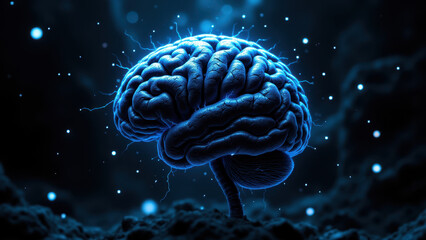 Obraz premium A vibrant AI-themed illustration with a glowing brain at the center set against a cosmic backdrop.