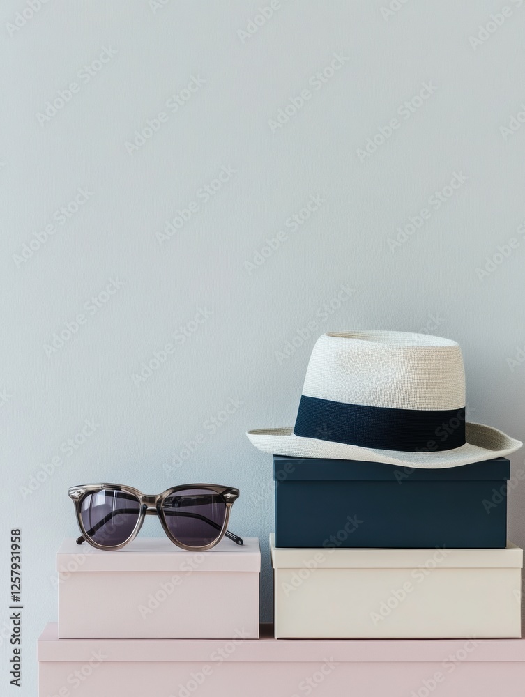 Aufkleber stylish accessories arranged in minimalist boxes with a chic hat and sunglasses on display. generati