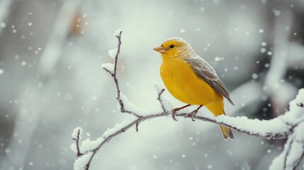 Yellow Bird on Snowy Branch