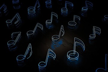 Glowing blue neon musical notes in the dark.
