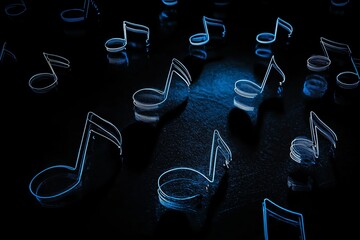 Glowing musical notes on a dark textured surface.