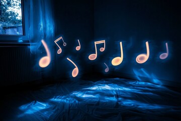 Glowing musical notes in a dimly lit room.