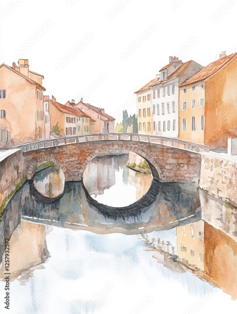 Aufkleber soft watercolor depicting a stone bridge over a calm river in an old town setting with reflections. 