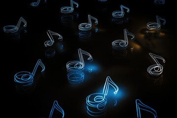 Glowing blue musical notes on a dark reflective surface.
