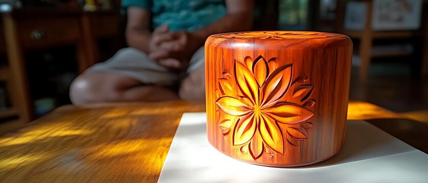 &bull; A simple, cylindrical woodblock used for printing traditional patterns rests upright on a flawlessly white platform. Even lighting illuminates the block&rsquo;s carved motifs and smooth outer surface 