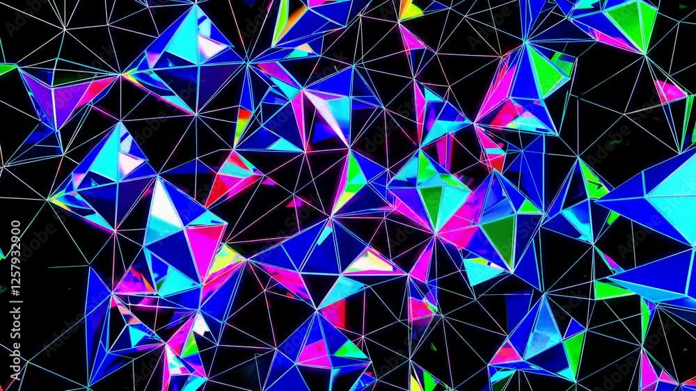 Poster vibrant geometric shapes shifting and rearranging in a seamless loop, creating a dynamic