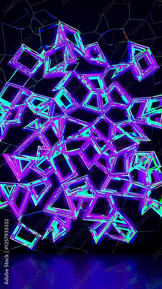 Poster vibrant geometric shapes shifting and rearranging in a seamless loop, creating a dynamic